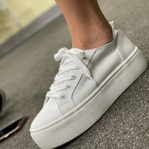 White Canvas Lace up platform sneakers